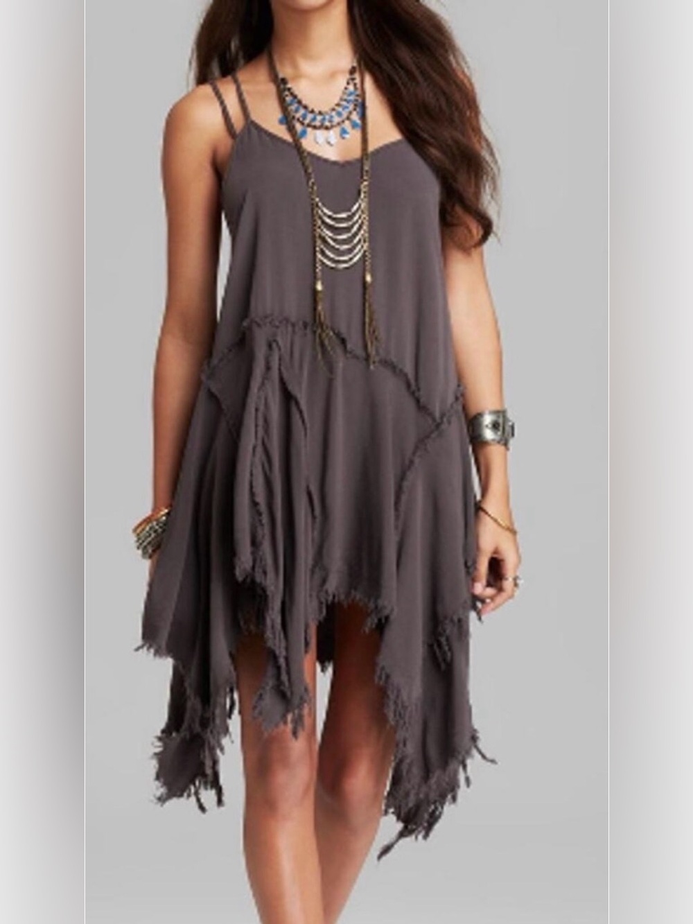Free People- Tattered Up Shred Slip Dress in Charcoal Sz. Small